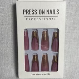 Pink Gold Glitter Design False Nails Press On 25 Pc Set Long Coffin Shape w Glue